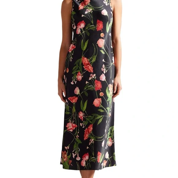 Ted Baker NWT size 4 Cowl Neck Black Floral Slip Midi Maxi Dress sleeveless - Picture 5 of 14